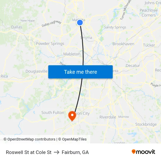 Roswell St at Cole St to Fairburn, GA map