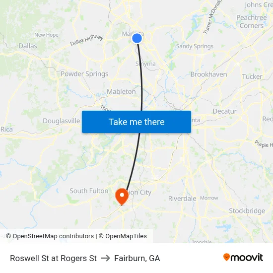 Roswell St at Rogers St to Fairburn, GA map