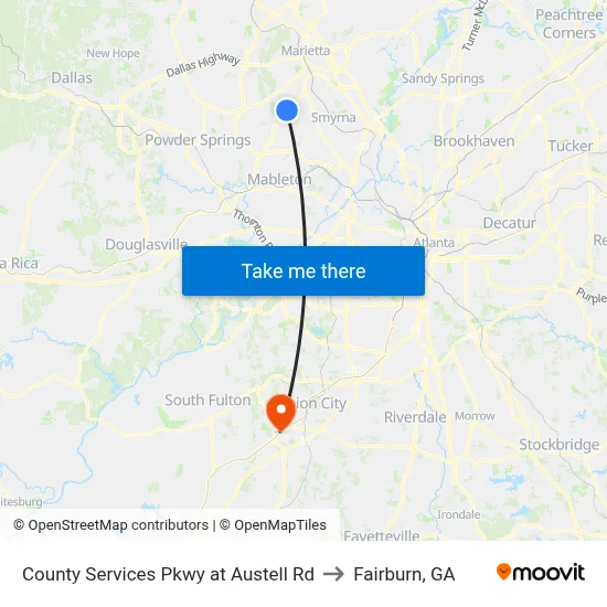 County Services Pkwy at Austell Rd to Fairburn, GA map