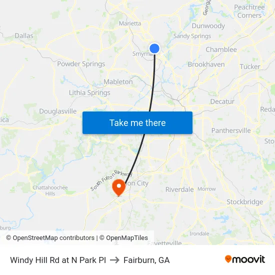 Windy Hill Rd at N Park Pl to Fairburn, GA map