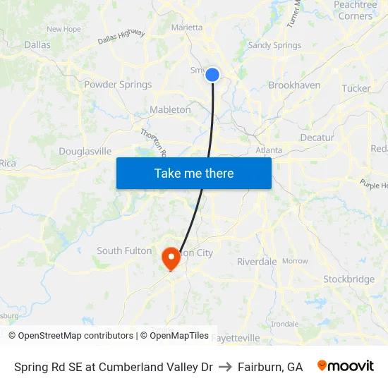 Spring Rd SE at Cumberland Valley Dr to Fairburn, GA map