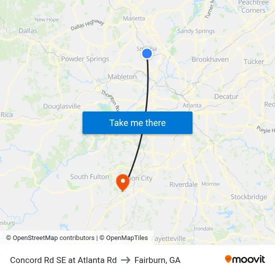 Concord Rd SE at Atlanta Rd to Fairburn, GA map