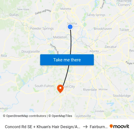 Concord Rd SE + Khuan's Hair Design/Arkle Veterina to Fairburn, GA map