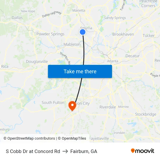 S Cobb Dr at Concord Rd to Fairburn, GA map