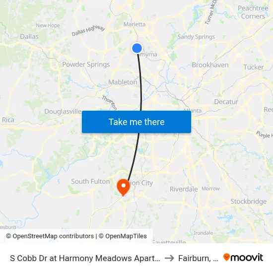 S Cobb Dr at Harmony Meadows Apartments to Fairburn, GA map