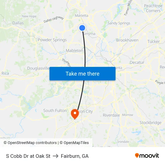 S Cobb Dr at Oak St to Fairburn, GA map