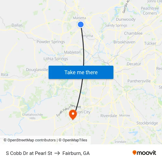 S Cobb Dr at Pearl St to Fairburn, GA map