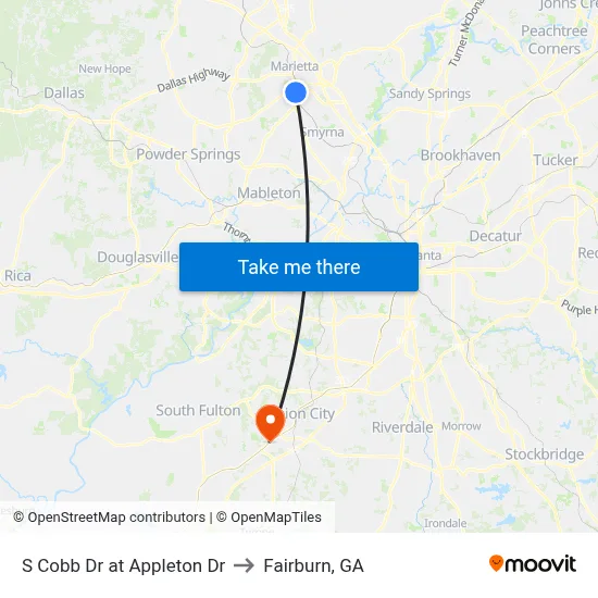 S Cobb Dr at Appleton Dr to Fairburn, GA map