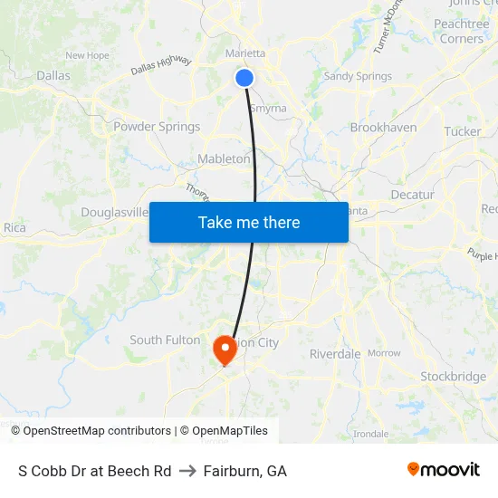 S Cobb Dr at Beech Rd to Fairburn, GA map