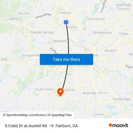 S Cobb Dr at Austell Rd to Fairburn, GA map