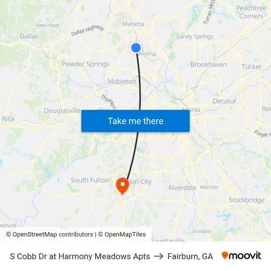 S Cobb Dr at Harmony Meadows Apts to Fairburn, GA map