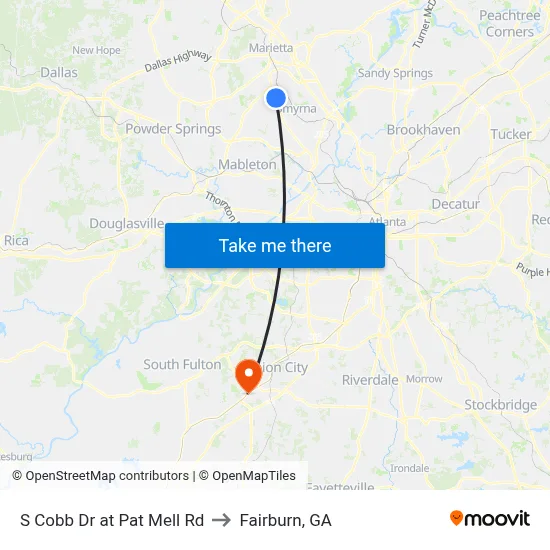 S Cobb Dr at Pat Mell Rd to Fairburn, GA map