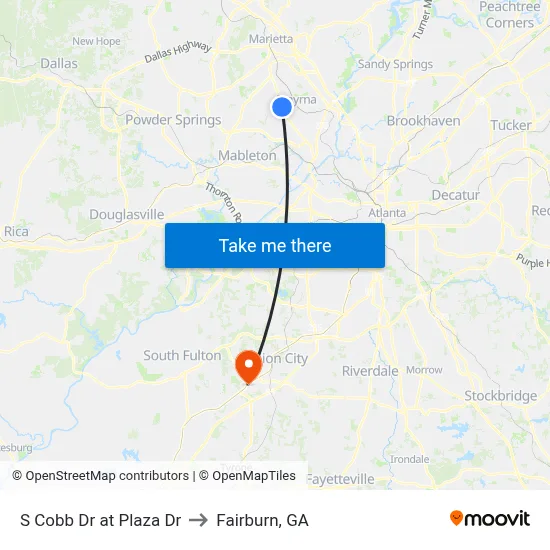 S Cobb Dr at Plaza Dr to Fairburn, GA map