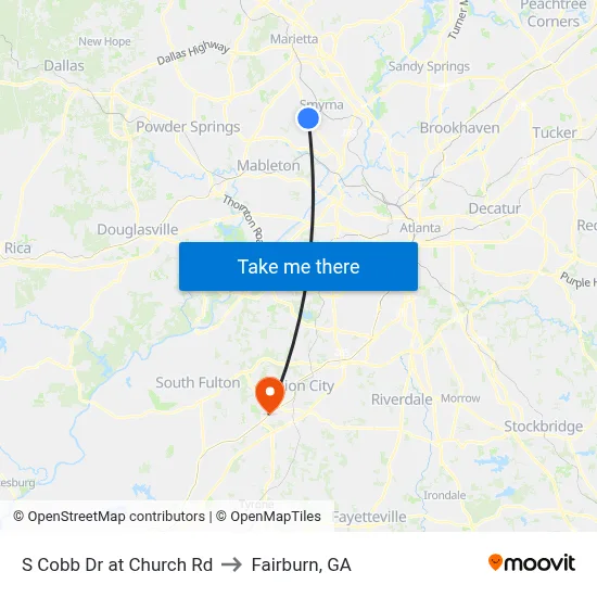 S Cobb Dr at Church Rd to Fairburn, GA map