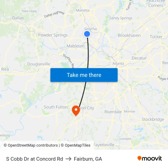 S Cobb Dr at Concord Rd to Fairburn, GA map