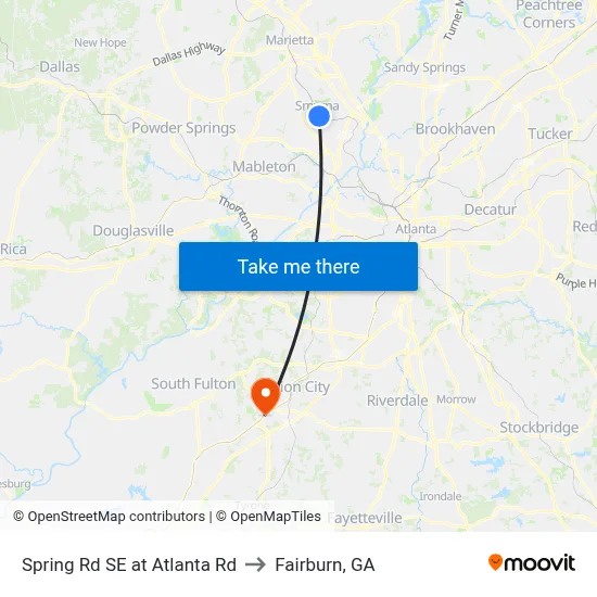 Spring Rd SE at Atlanta Rd to Fairburn, GA map