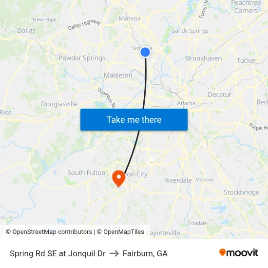 Spring Rd SE at Jonquil Dr to Fairburn, GA map