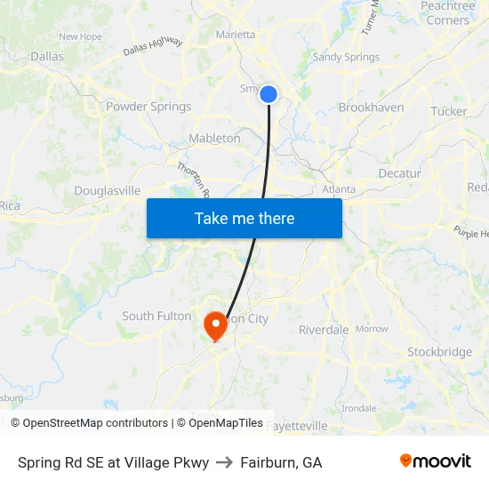 Spring Rd SE at Village Pkwy to Fairburn, GA map