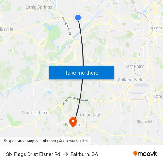Six Flags Dr at Elsner Rd to Fairburn, GA map