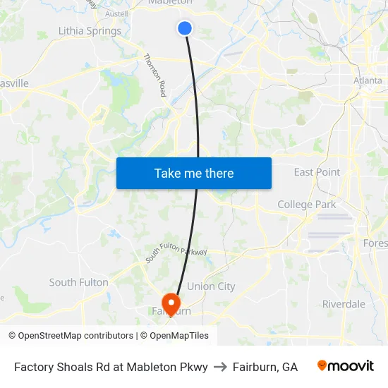 Factory Shoals Rd at Mableton Pkwy to Fairburn, GA map