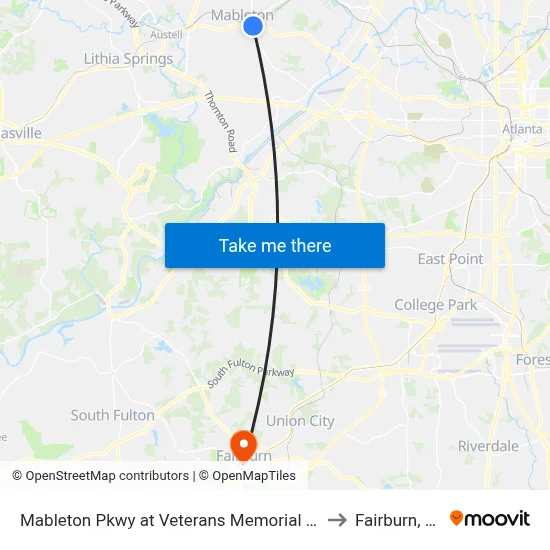 Mableton Pkwy at Veterans Memorial Hwy to Fairburn, GA map