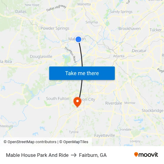 Mable House Park And Ride to Fairburn, GA map