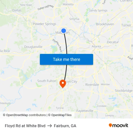 Floyd Rd at White Blvd to Fairburn, GA map