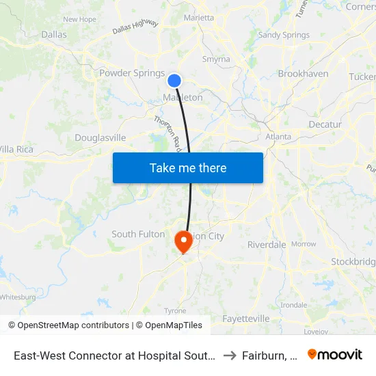 East-West Connector at Hospital South Dr to Fairburn, GA map