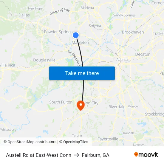 Austell Rd at East-West Conn to Fairburn, GA map
