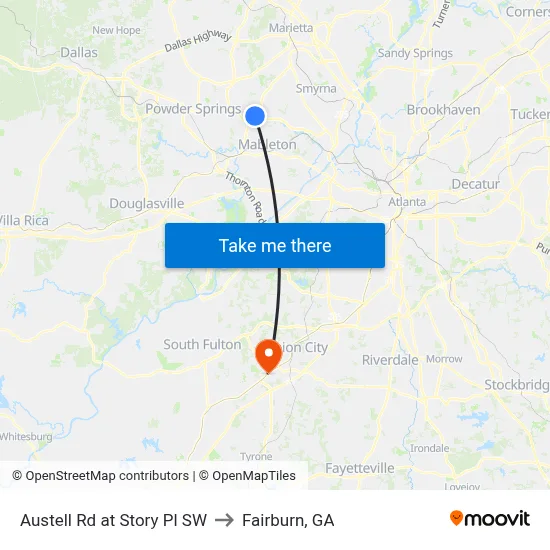 Austell Rd at Story Pl SW to Fairburn, GA map