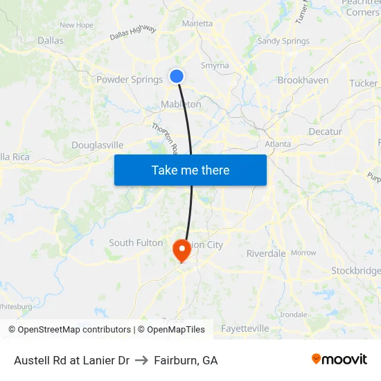 Austell Rd at Lanier Dr to Fairburn, GA map