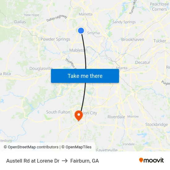 Austell Rd at Lorene Dr to Fairburn, GA map