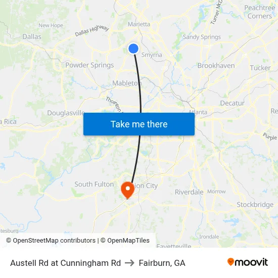 Austell Rd at Cunningham Rd to Fairburn, GA map