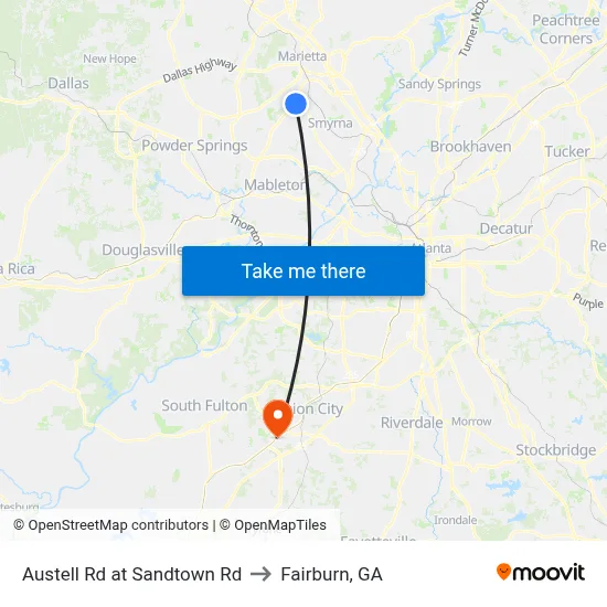 Austell Rd at Sandtown Rd to Fairburn, GA map