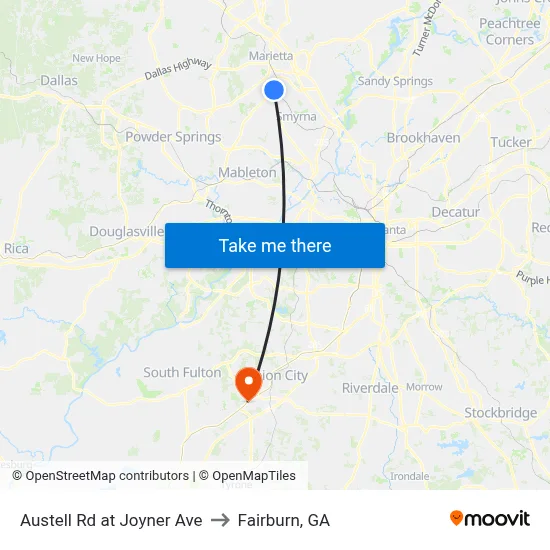 Austell Rd at Joyner Ave to Fairburn, GA map