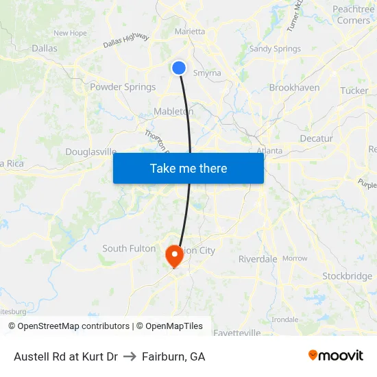 Austell Rd at Kurt Dr to Fairburn, GA map