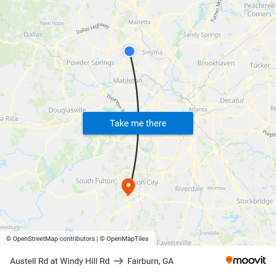 Austell Rd at Windy Hill Rd to Fairburn, GA map