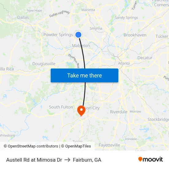 Austell Rd at Mimosa Dr to Fairburn, GA map