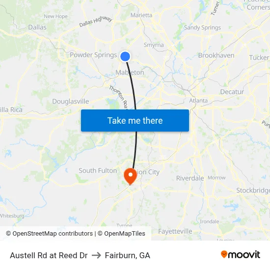 Austell Rd at Reed Dr to Fairburn, GA map