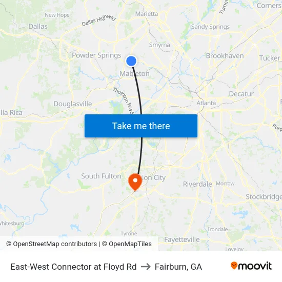 East-West Connector at Floyd Rd to Fairburn, GA map
