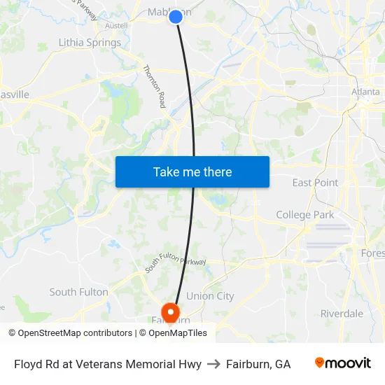 Floyd Rd at Veterans Memorial Hwy to Fairburn, GA map