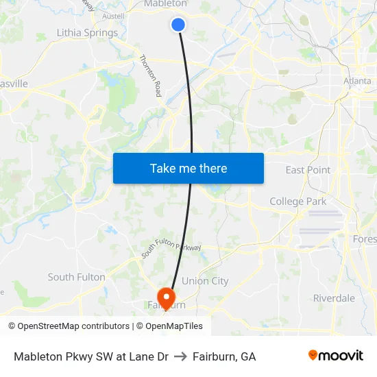Mableton Pkwy SW at Lane Dr to Fairburn, GA map
