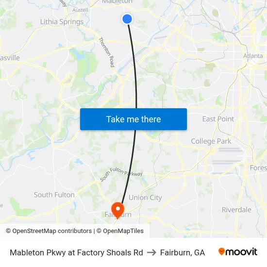 Mableton Pkwy at Factory Shoals Rd to Fairburn, GA map