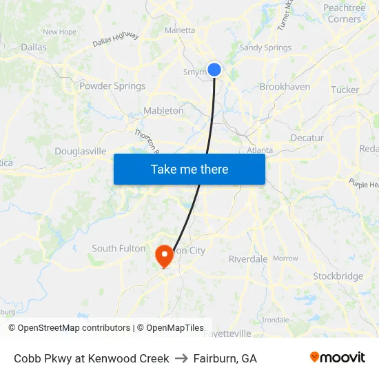 Cobb Pkwy at Kenwood Creek to Fairburn, GA map