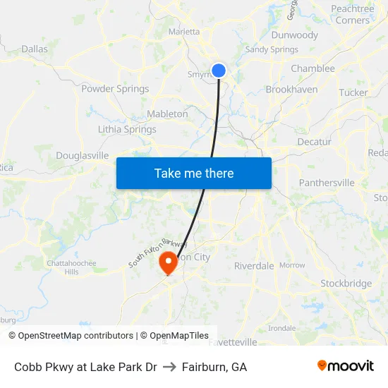 Cobb Pkwy at Lake Park Dr to Fairburn, GA map