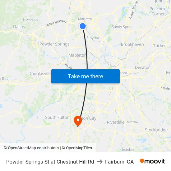 Powder Springs St at Chestnut Hill Rd to Fairburn, GA map