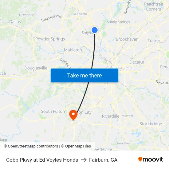 Cobb Pkwy at Ed Voyles Honda to Fairburn, GA map