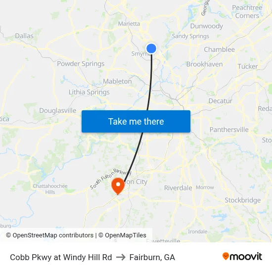 Cobb Pkwy at Windy Hill Rd to Fairburn, GA map
