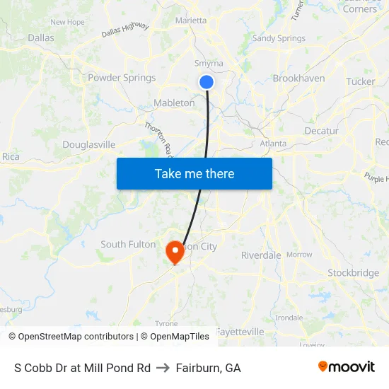 S Cobb Dr at Mill Pond Rd to Fairburn, GA map