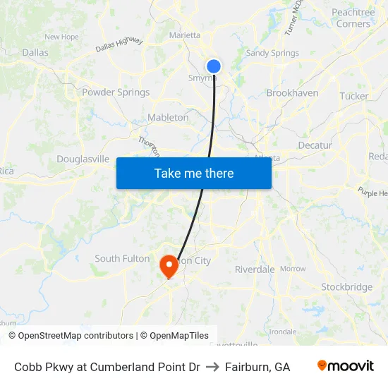 Cobb Pkwy at Cumberland Point Dr to Fairburn, GA map